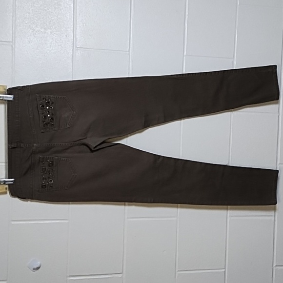Olive Green Grey Stretch Skinny Jeans with Brass Back Pocket Detail - Picture 12 of 13